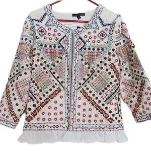Indigo Moon Embroidered Ruffle Jacket with Multicolor Accents